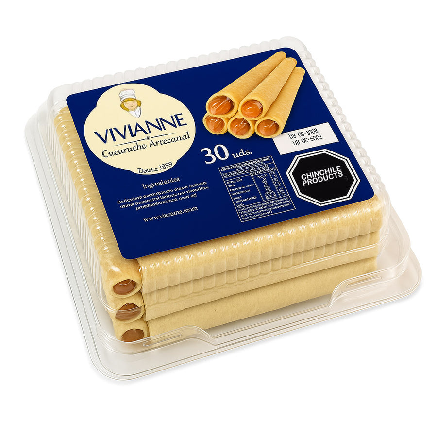 Paquete de rollitos de oblea Vivianne Cuchufli rellenos de Manjar, 30 unidades, 300g, sobre fondo blanco.