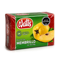 Envase de 250 gramos de fruta para untar con envoltorio verde y amarillo y color rojo oscuro.