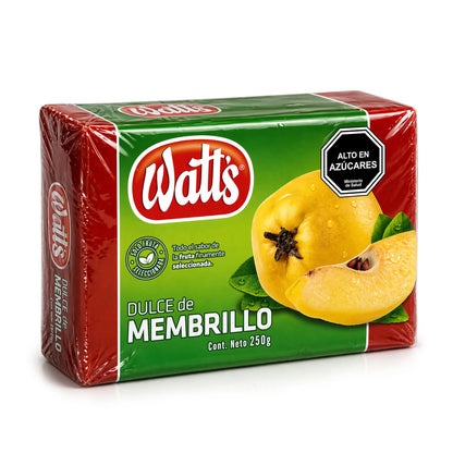 Envase de 250 gramos de fruta para untar con envoltorio verde y amarillo y color rojo oscuro.