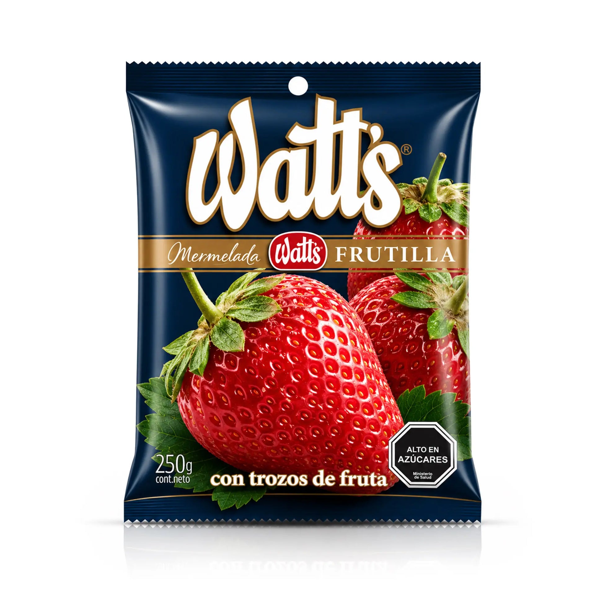 Una bolsa de 250 g de mermelada de fresa sobre un fondo blanco.