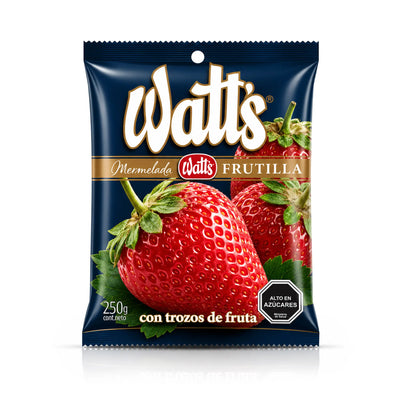 A 250g bag of strawberry jam on a white background.