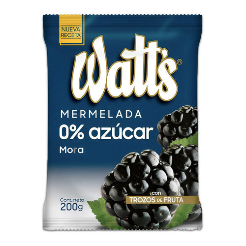 Una bolsa de 200 g de mermelada de moras Watts sin azúcar.