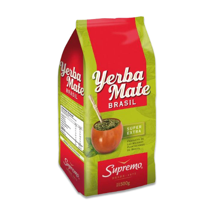 A 500 gram red and green bag of Yerba Mate from Supremo.