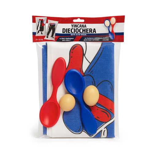 Yincana Dieciochera Chilean party game set with racing sacks, spoons, and wooden eggs on white background.