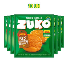 Un pack de 10 zumos con sabor a Zuko Huesillo en sobres verdes.