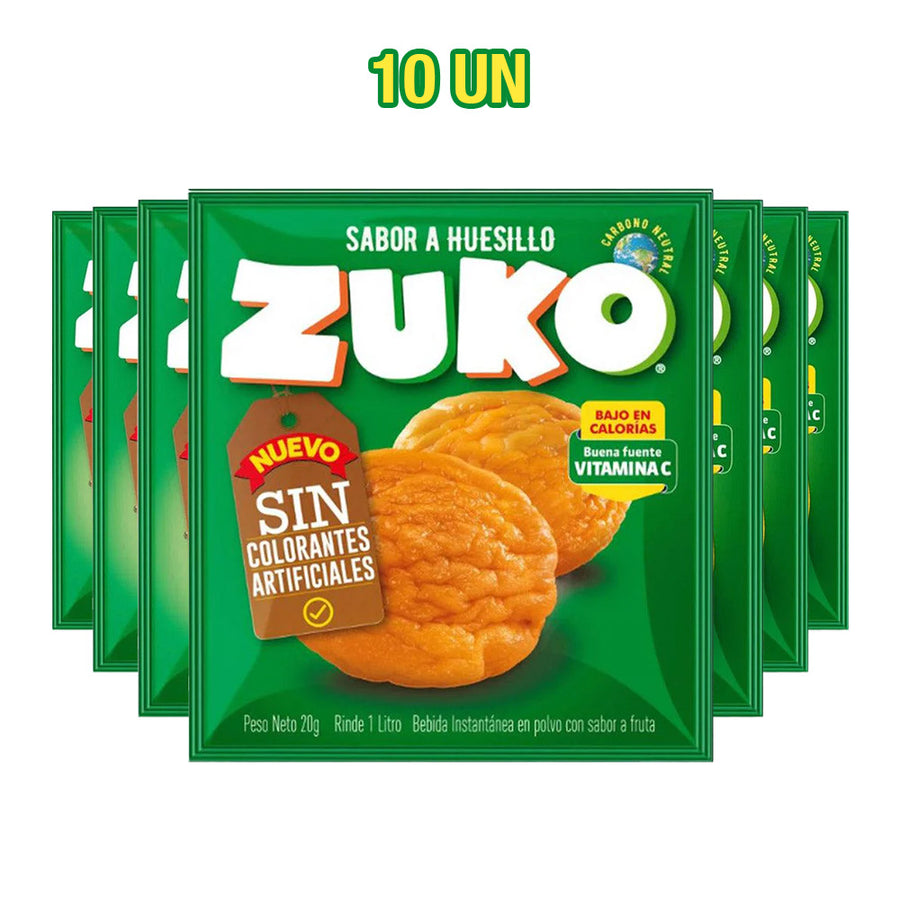 Un pack de 10 zumos con sabor a Zuko Huesillo en sobres verdes.
