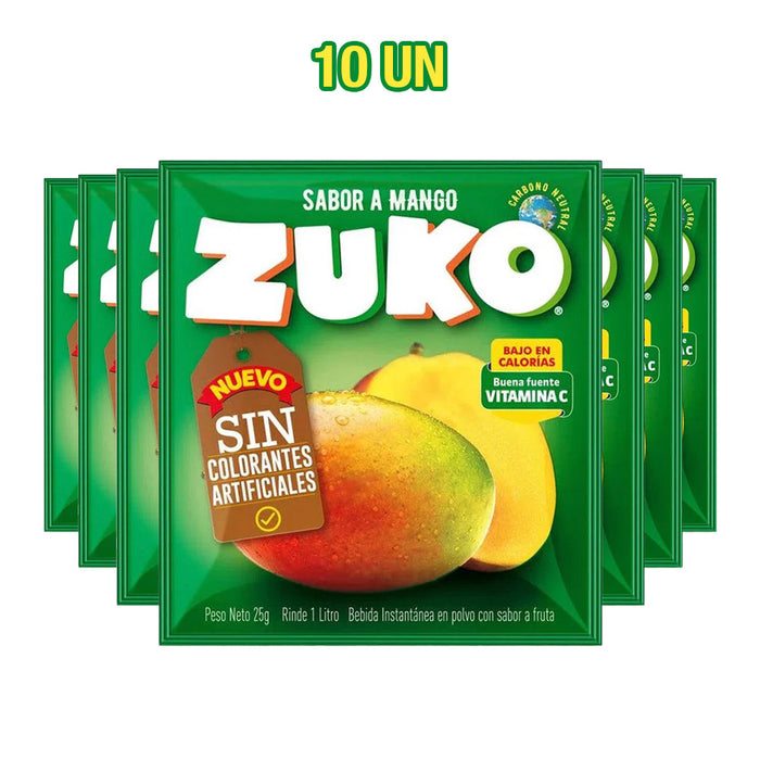 A 10-pack of Zuko Mango flavored juice in green packets.