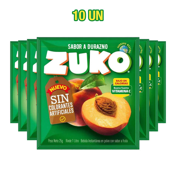 A 10-pack of Zuko Peach flavored juice in green packets.