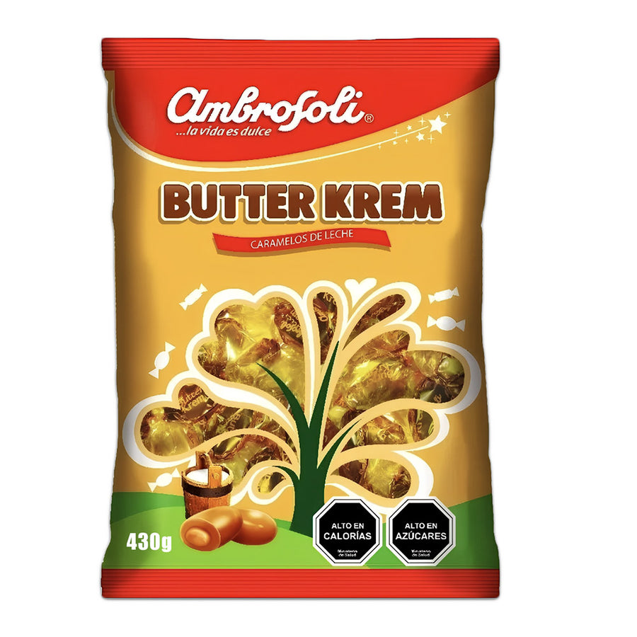 Caramelos de leche Butter Krem con relleno de caramelo, bolsa amarilla de 430 g, envueltos individualmente, de Ambrosoli.
