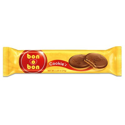Un paquete amarillo de galletas de chocolate con un gran logotipo rojo Bon o Bon en la parte delantera.