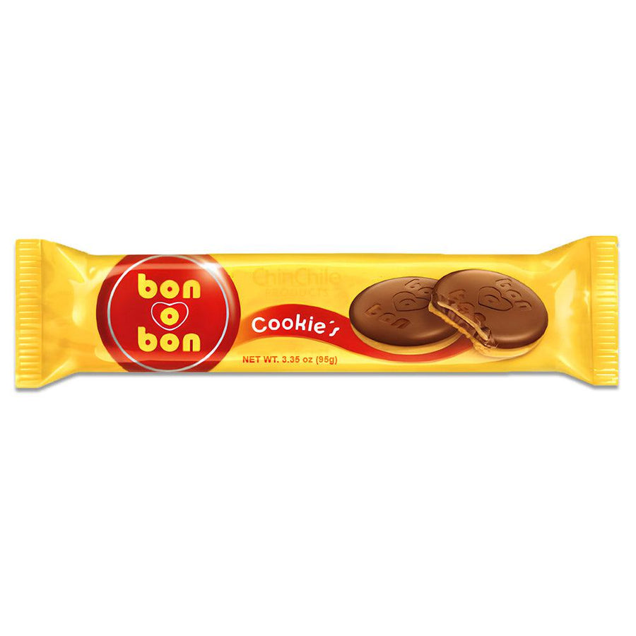 Un paquete amarillo de galletas de chocolate con un gran logotipo rojo Bon o Bon en la parte delantera.