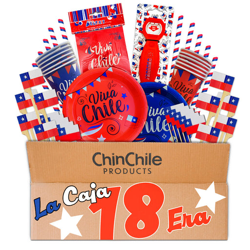 La Caja 18 Era product box from ChinChile Products, featuring a collection of Chilean-themed items including Viva Chile plates, cups, tricolor straws, flag skewers, a bottle opener, and festive bunting, all displayed in a branded ChinChile Products box.