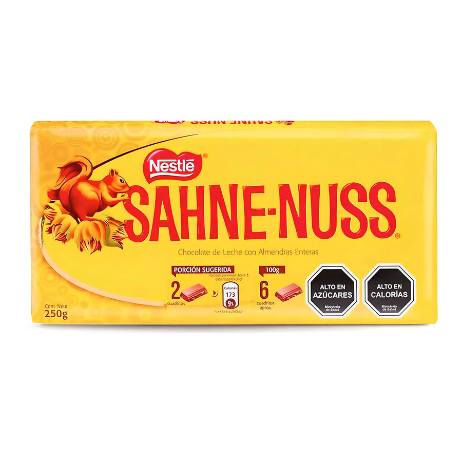 Tableta de chocolate con leche Nestlé Sahne-Nuss con almendras enteras en envase amarillo - 250g.