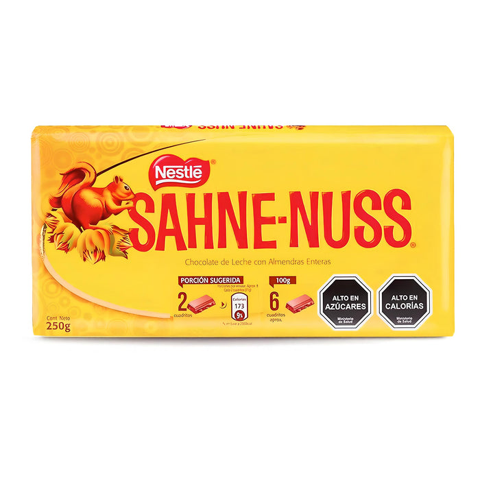 Nestlé Sahne-Nuss milk chocolate bar with whole almonds in yellow packaging – 250g.