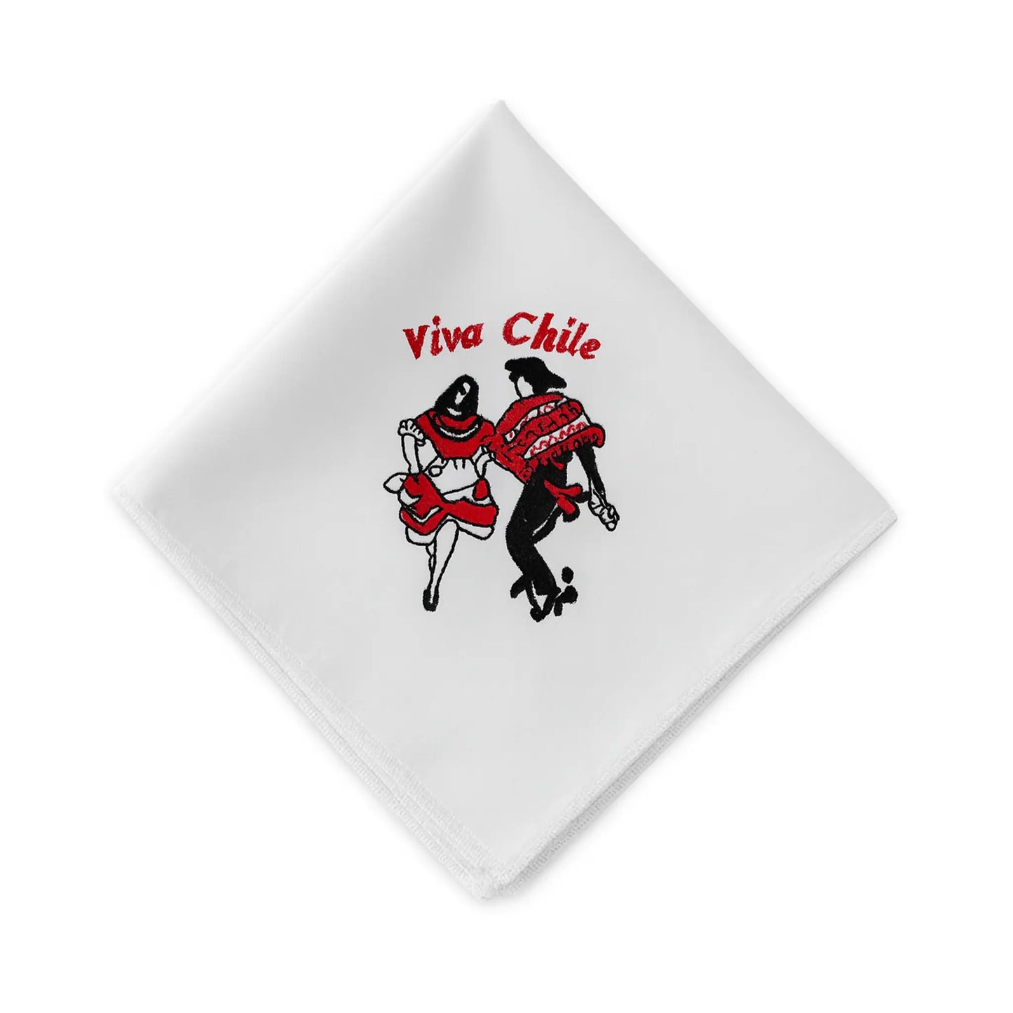 Pañuelo Viva Chile 28x28 cm con pareja folclórica bordada y texto Viva Chile.