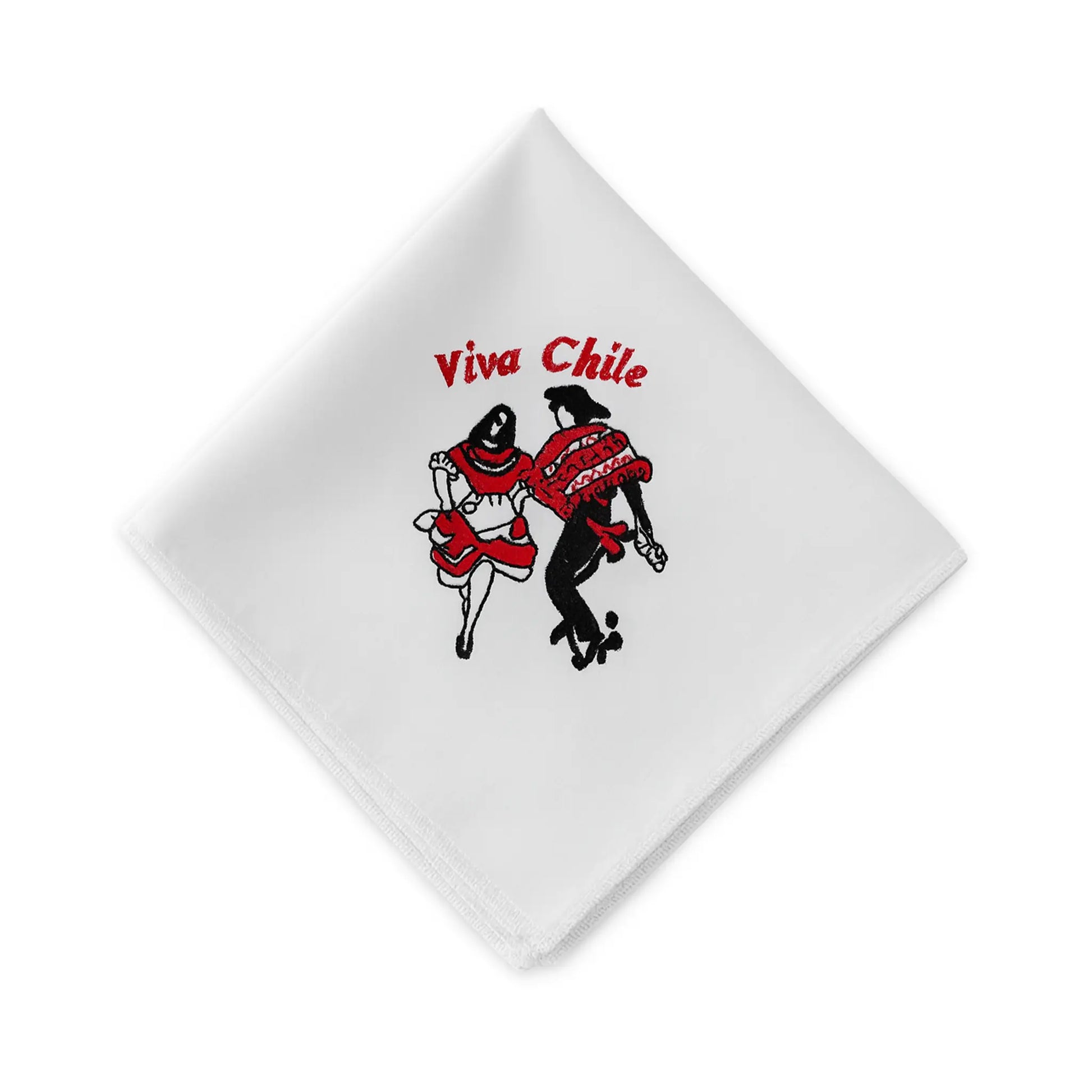 Pañuelo Viva Chile 28x28 cm con pareja folclórica bordada y texto Viva Chile.