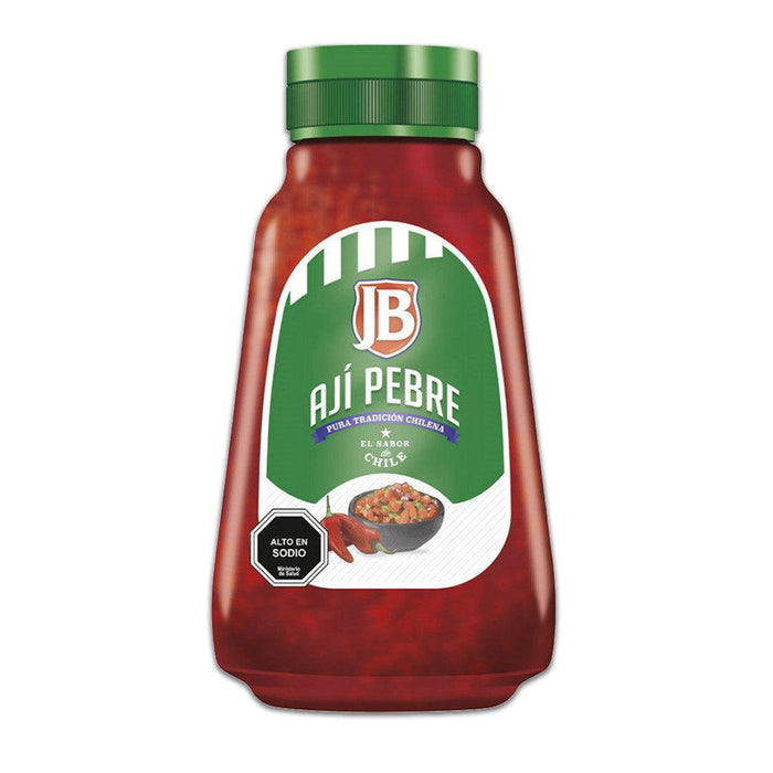 A small bottle of Ají Pebre from JB with a green cap. A product of Chile. 