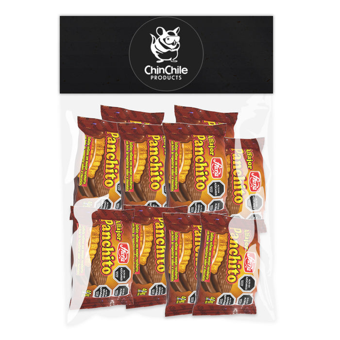 A ChinChile branded bag filled with eight Alfajor cookies wrapped with brown packaging. A product manufactured by Fruna and imported from Chile.
