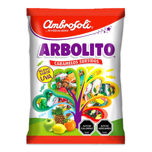 A 110 gram red and white bag of Arbolito hard candies.