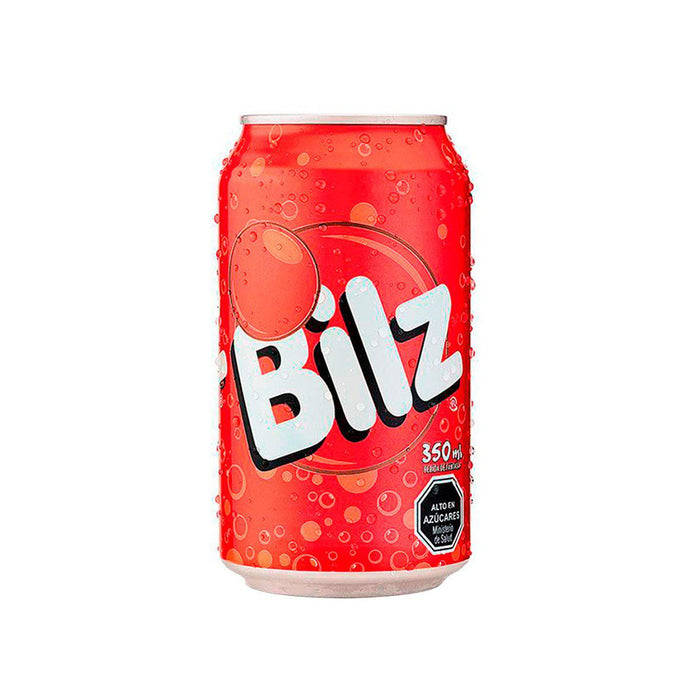 A bright red 350ml can of Bilz soda from Chile.
