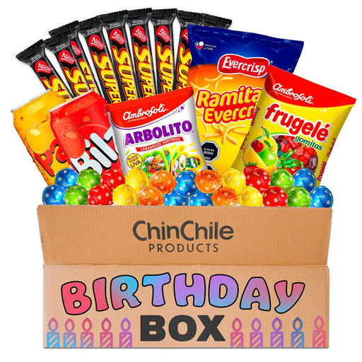 A Birthday Bundle filled with Chilean chocolates, candies, snacks, and sodas. Cheese Ramitas included.