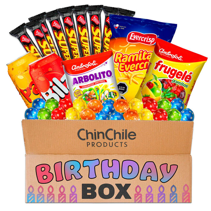 A Birthday Bundle filled with Chilean chocolates, candies, snacks, and sodas. Cheese Ramitas included.