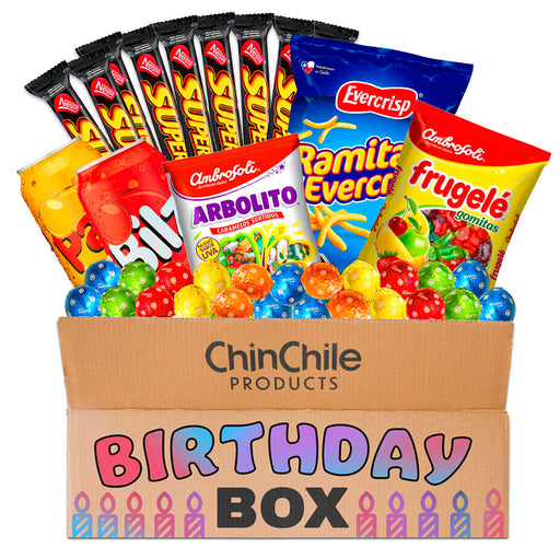A Birthday Bundle filled with Chilean chocolates, candies, snacks, and sodas. Original Ramitas included.