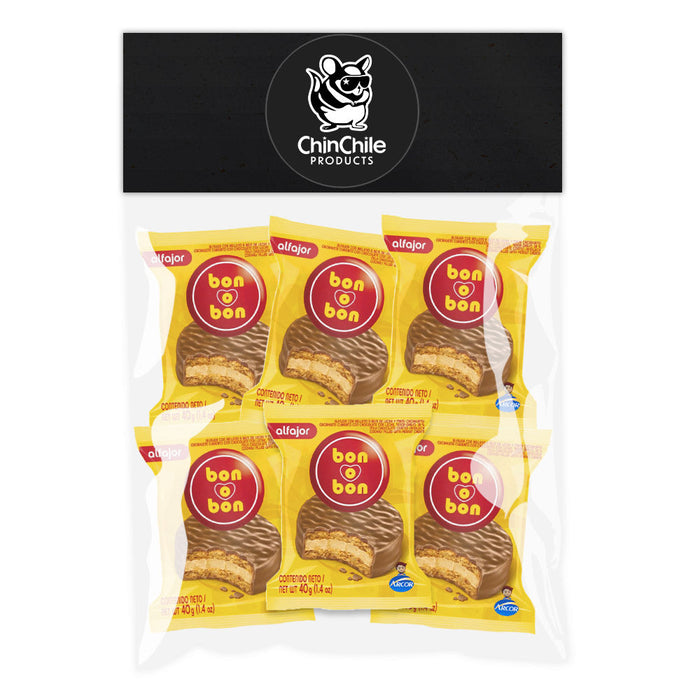 A ChinChile Bag filled with six Bon o Bon Alfajores wrapped in yellow packaging.