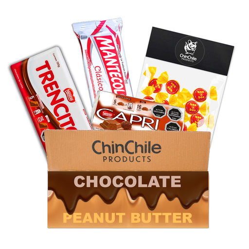 A box of chocolates and peanut butter candies with a trufa flavored chocolate bar.