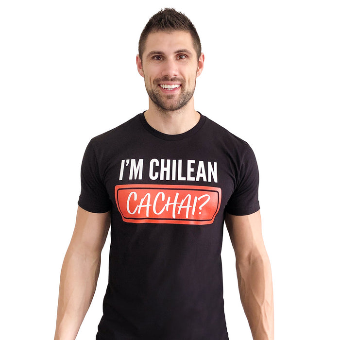 A black t-shirt that says "I'm Chilean Cachai?"