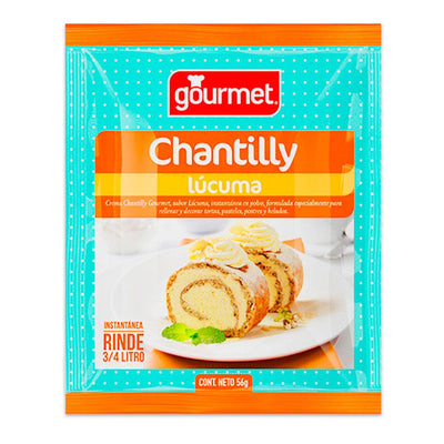 Un paquete cian y naranja de polvo de lúcuma.