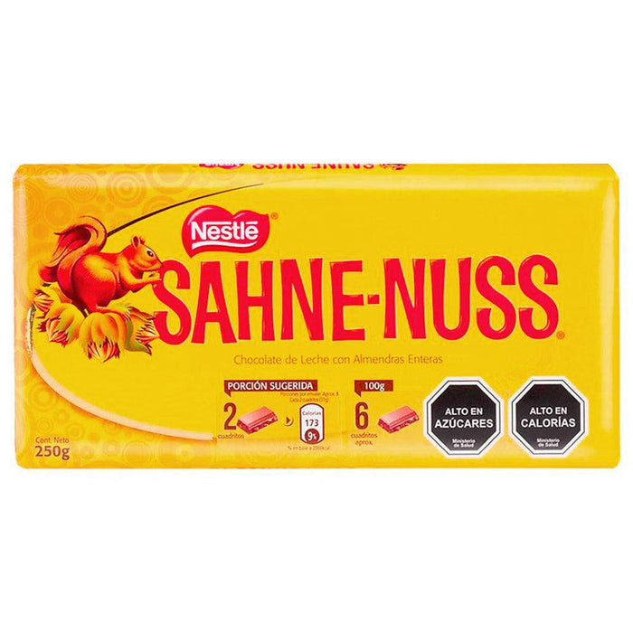 A 250 gram bar of Chocolate Sahne-Nuss wrapped in a yellow packaging.