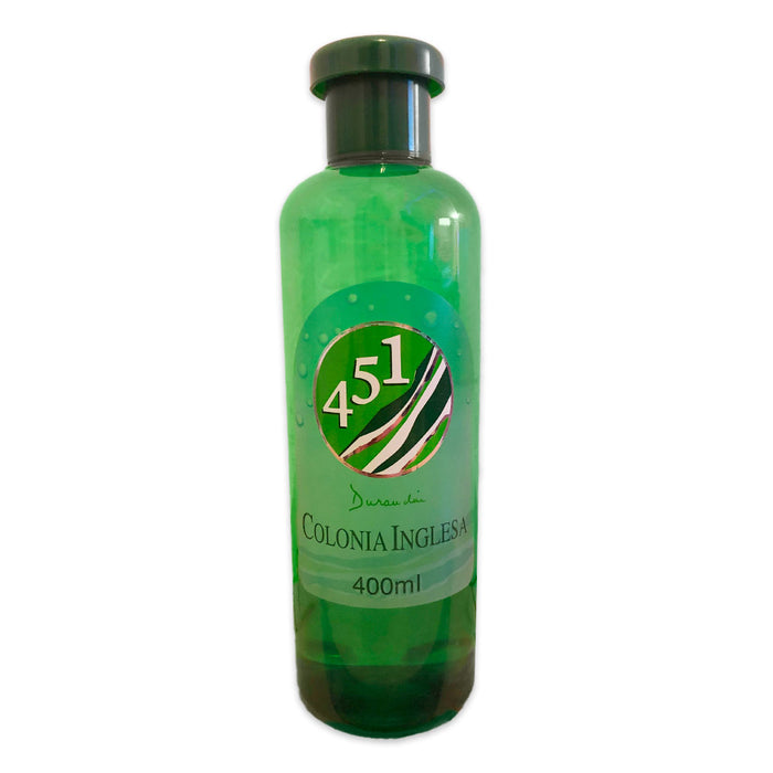 A green 400ml bottle of Colonia Inglesa 451. A fragrance imported from Chile.