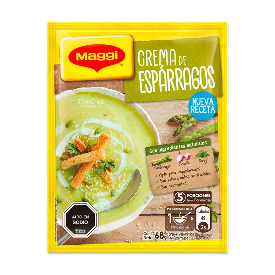 Un paquete amarillo de Crema de Espárragos de Maggi.