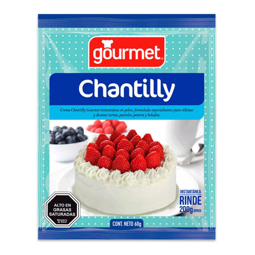 Un paquete azul de 60 gramos de polvo Chantilly con la imagen de un pastel blanco con fresas encima.