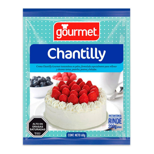 A 60 gram, blue packet of Chantilly powder with a picture of a white cake with strawberries on top.