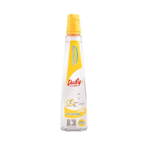 A clear bottle with a yellow cap and label filled with a clear liquid sweetener.