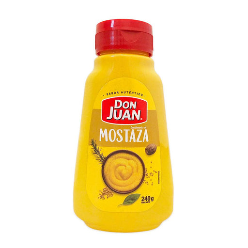 A yellow bottle with a red cap containing Mostaza from Don Juan. A Product of Chile.