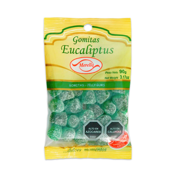 A small yellow packet of green Gomitas Eucaliptus candy.