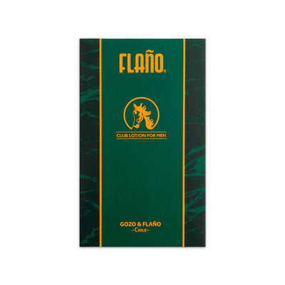 Una caja verde con texto amarillo de la loción Flaño club para hombres. Un producto de Chile.