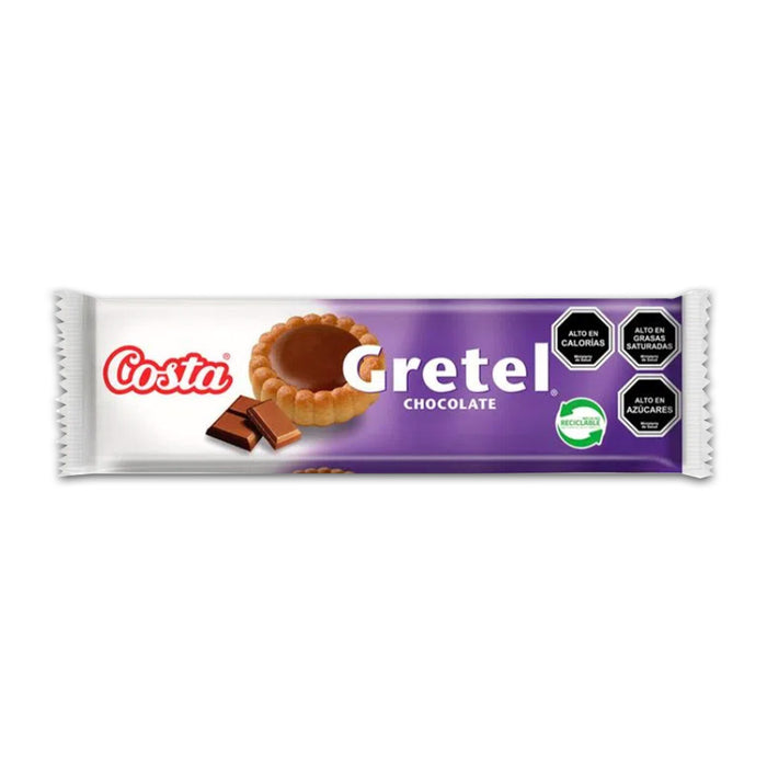 A small white and purple bag of Gretel chocolate cookies from Costa. A product imported from Chile.