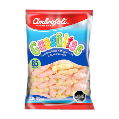 Una bolsa roja y azul de bebés de malvavisco con texto en los colores del arco iris.