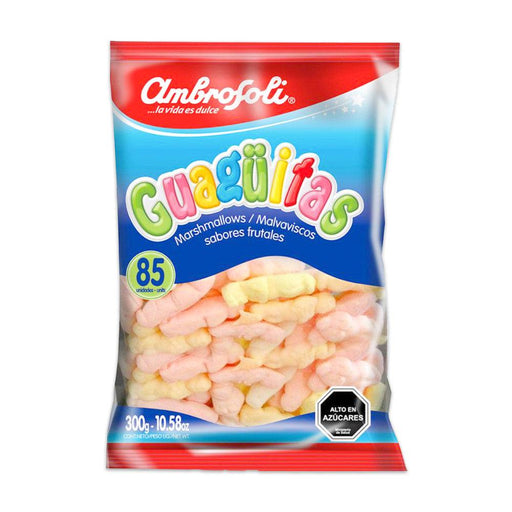 A red and blue bag of marshmallow babies with rainbow colored text.