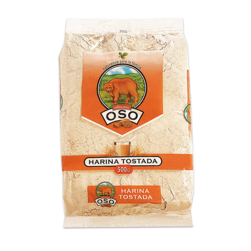 A clear bag of toasted wheat flour with an orange label and the Oso logo of a brown bear.