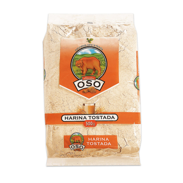 A clear bag of toasted wheat flour with an orange label and the Oso logo of a brown bear.