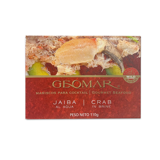 A small red box of crab by Geomar.  A product imported from Chile.