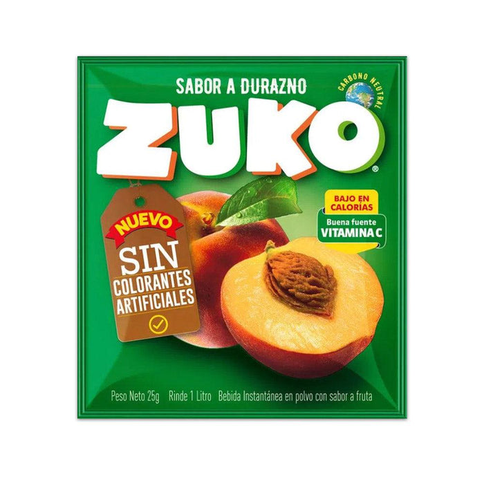 A single packet of Peach Zuko Juice. 