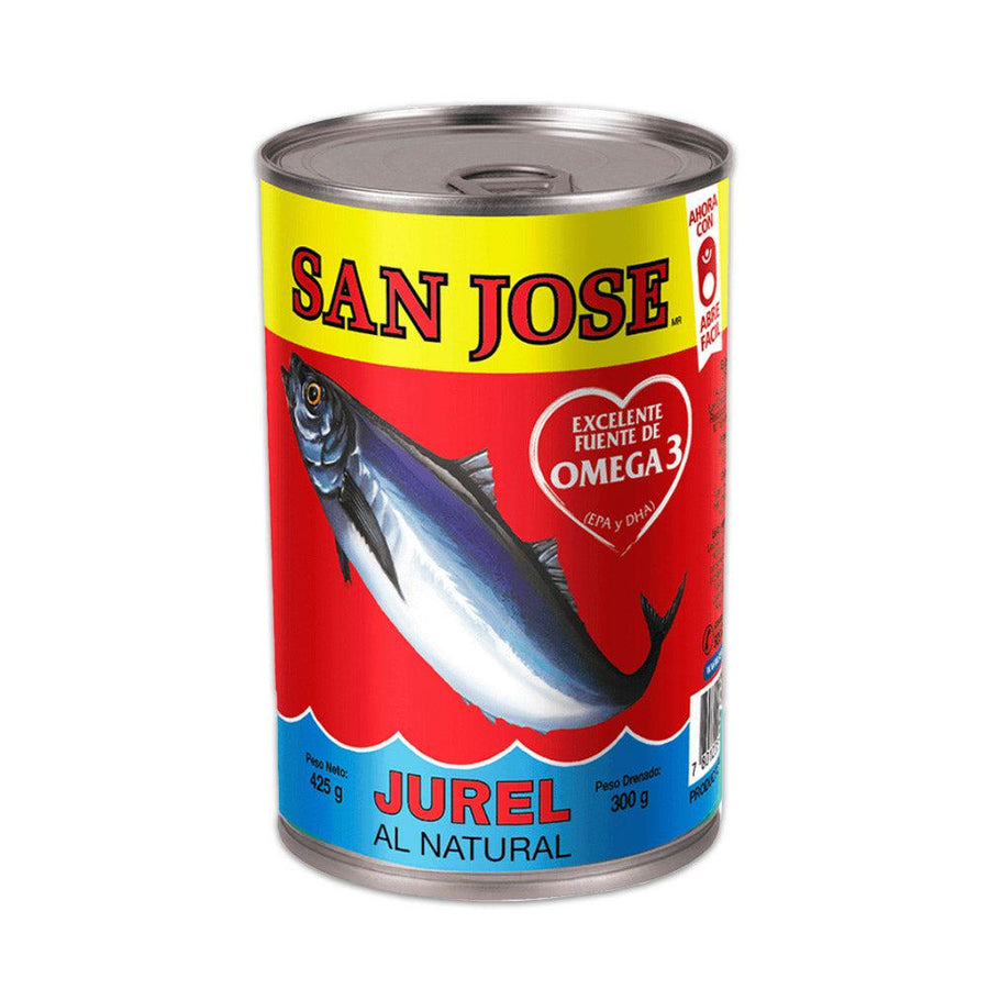 Una lata de 425g de Jurel all nature de SanJosé. Importado de Chile.