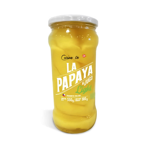 A glass jar of yellow papayas with a white cap and green text that says "Light".