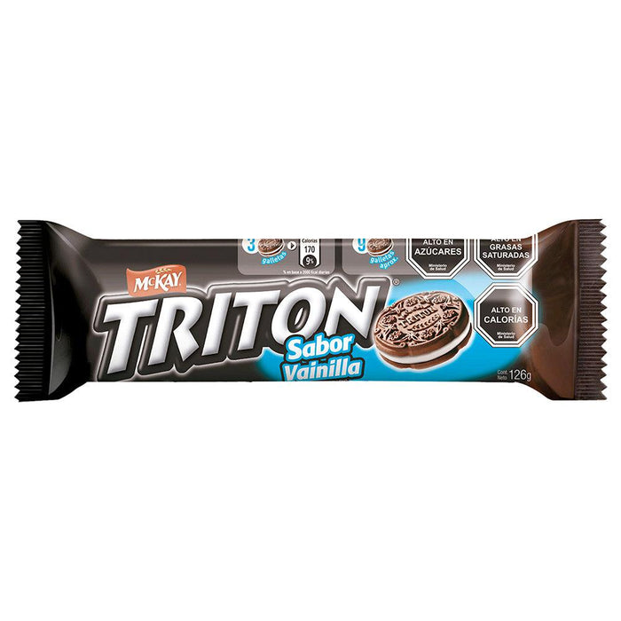 A brown and blue package of Triton vanilla  cookies.